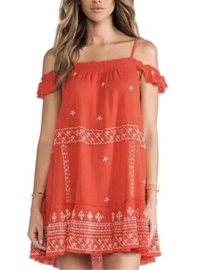 Intimately Free People Boho Slip Dress Embroidered Off Shoulder Gauzy Red XS